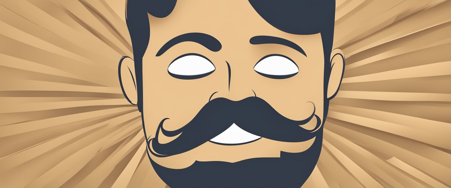 A smiling face with a cardboard mustache beams happily