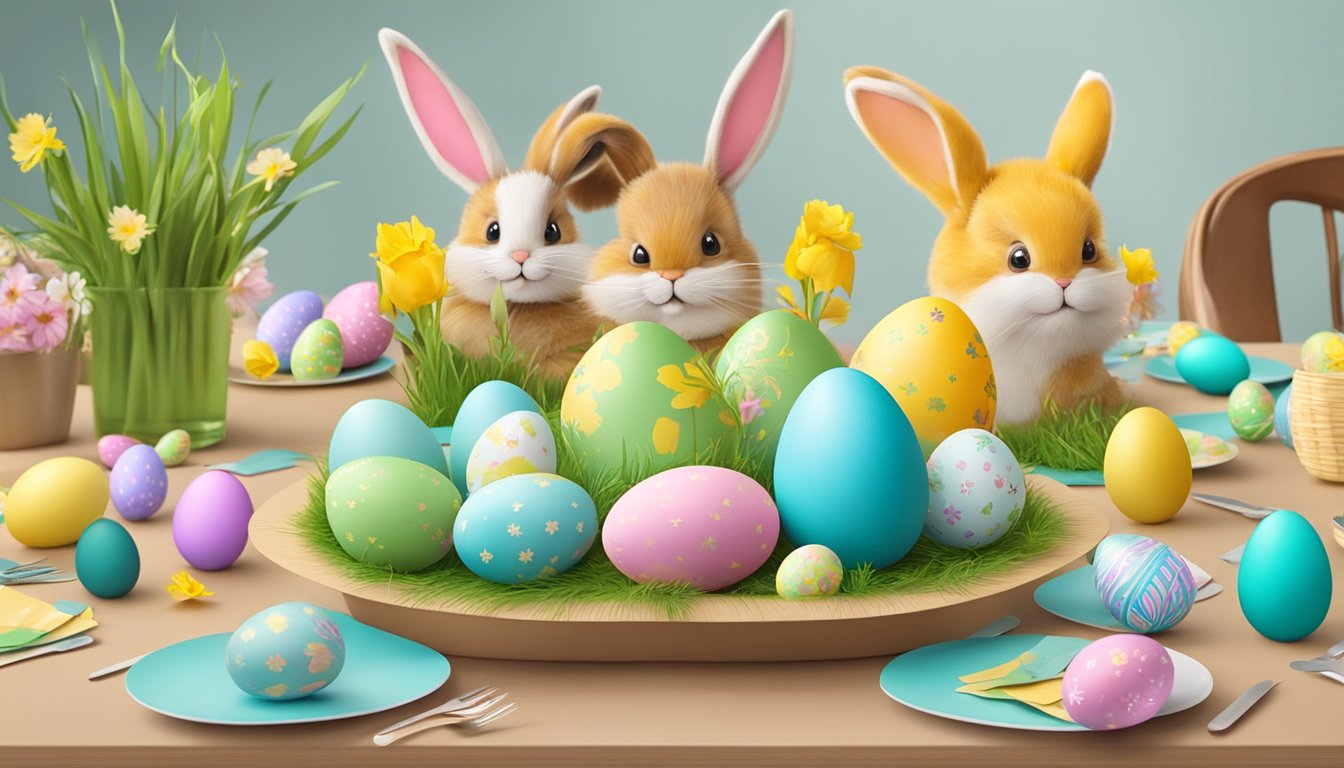 A table adorned with Easter decorations, featuring cardboard mustaches
on colorful eggs and bunny
figurines
