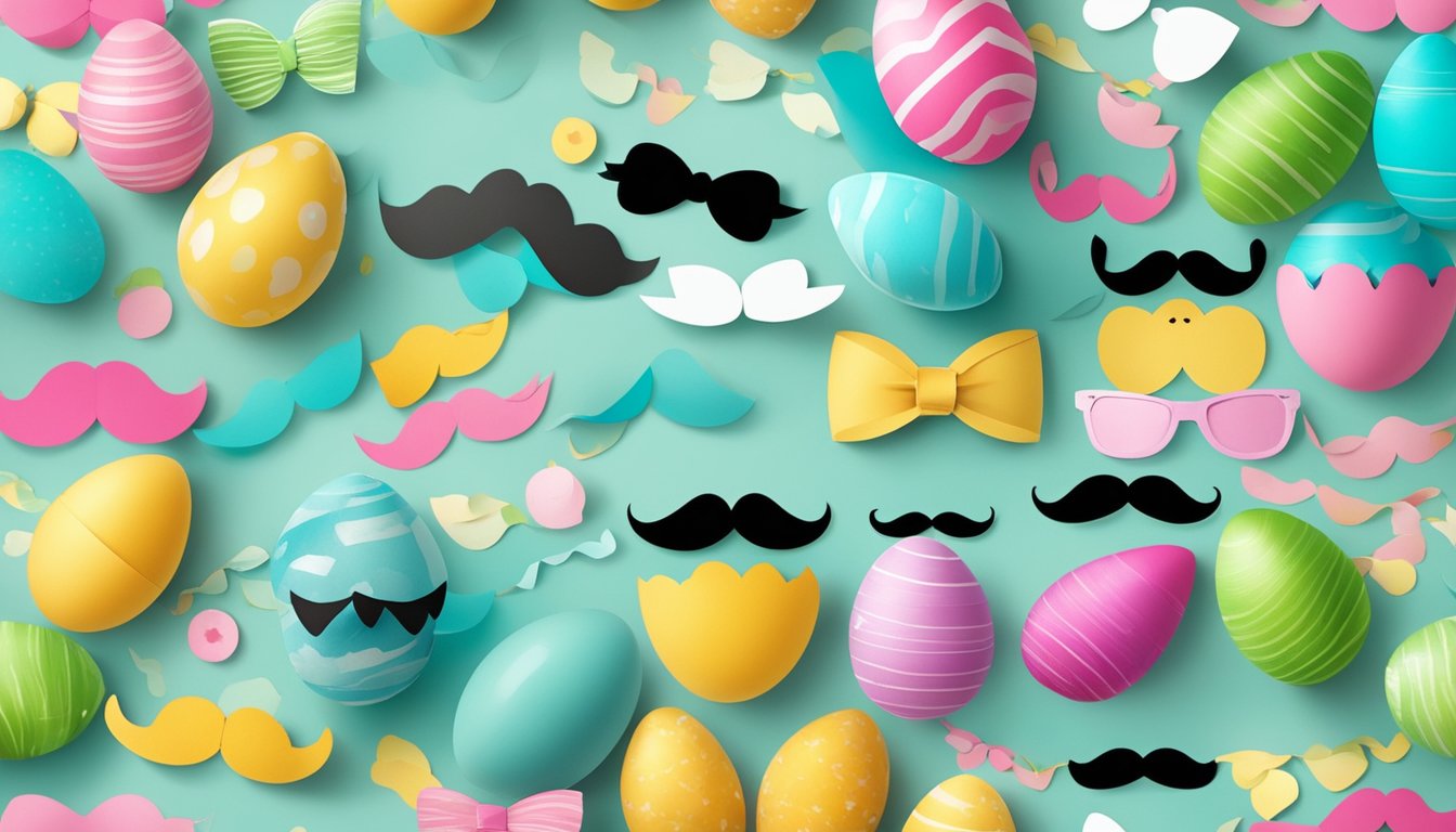 A colorful cardboard mustache adorns an Easter celebration, surrounded
by games and activities, adding a special touch to the festive
atmosphere